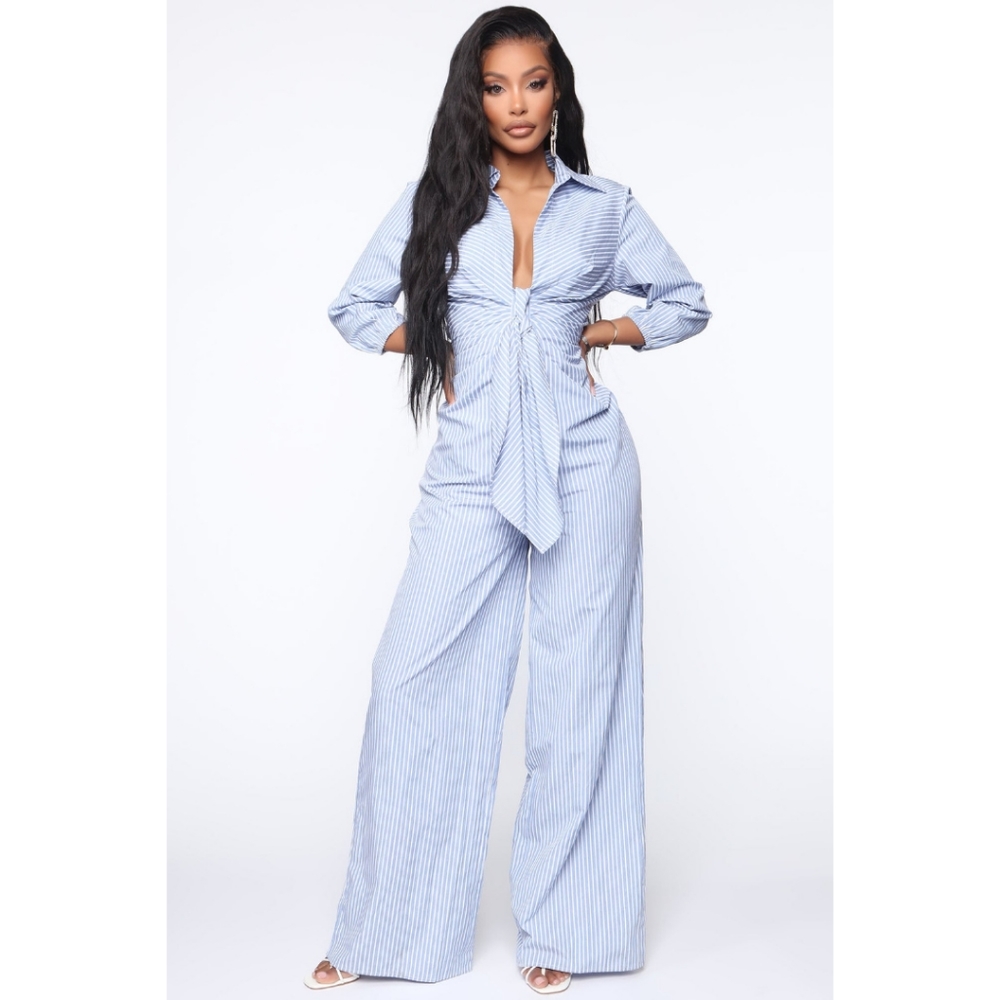Fashion Nova long sleeve striped wide leg jumpsuit